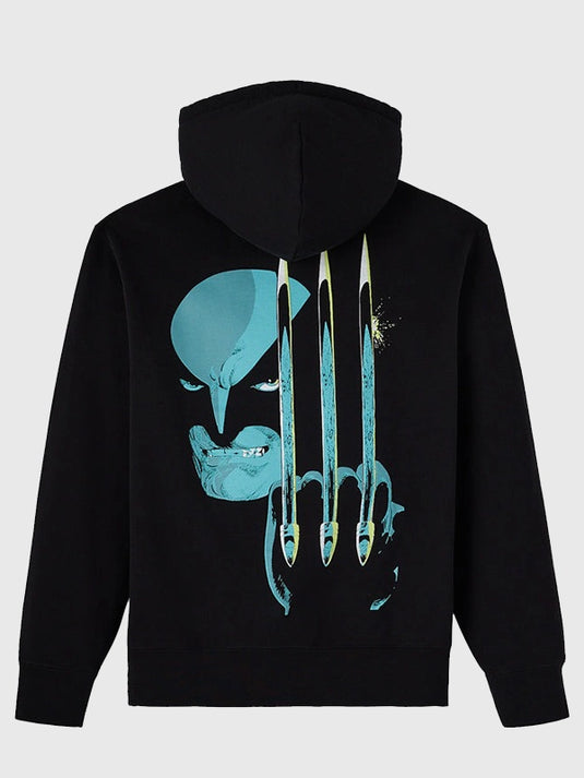 Black pullover hoodie recreated from the OVO x Marvel Wolverine collaboration with a striking graphic design