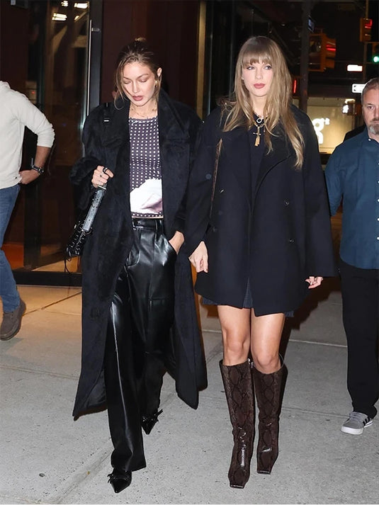 2025 Taylor Swift Night Out coat in black wool designed for refined winter styling.