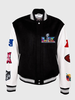 Black and white varsity jacket in wool body with leather sleeves inspired by the Super Bowl LX Jeff Hamilton design