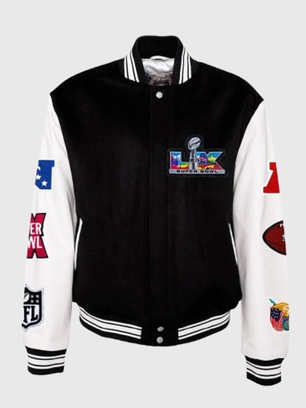 Black and white varsity jacket in wool body with leather sleeves inspired by the Super Bowl LX Jeff Hamilton design