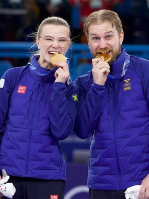 Recreated Uniqlo Team Sweden 2026 Winter Olympics blue insulated jacket with contemporary sportswear aesthetic