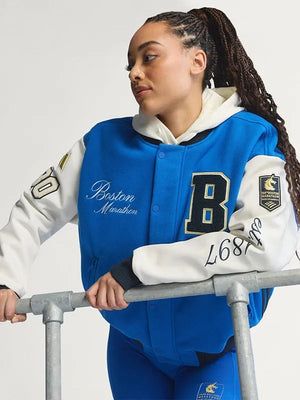 Recreated Adidas Boston Marathon 26 wool varsity jacket in blue and white featuring structured shoulders and durable stitching