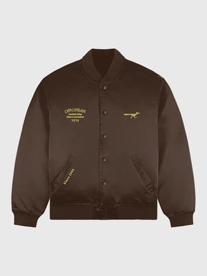 Brown Coachella 2026 satin bomber jacket recreated with smooth texture and classic ribbed trim detailing