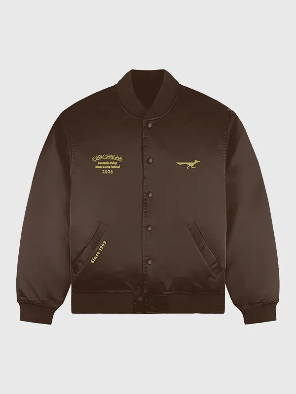 Brown Coachella 2026 satin bomber jacket recreated with smooth texture and classic ribbed trim detailing