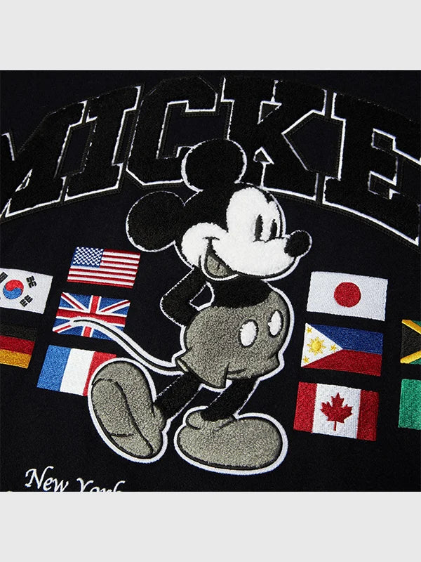 Recreated black wool varsity jacket featuring Disney x HUF Mickey Worldwide Tour graphics.
