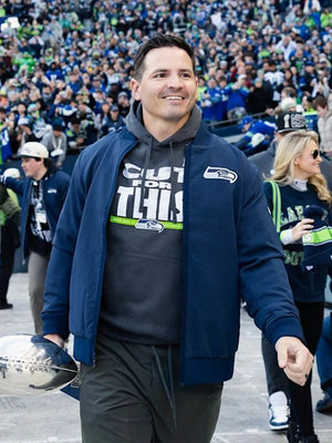 Recreated Coach Mike Macdonald Seattle Seahawks Super Bowl LX Champions parade navy full-zip bomber jacket with bold championship graphics