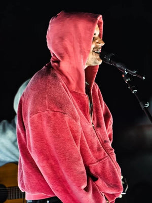 Recreated pink Justin Bieber Coachella 2026 fur hoodie with relaxed fit and eye-catching design details