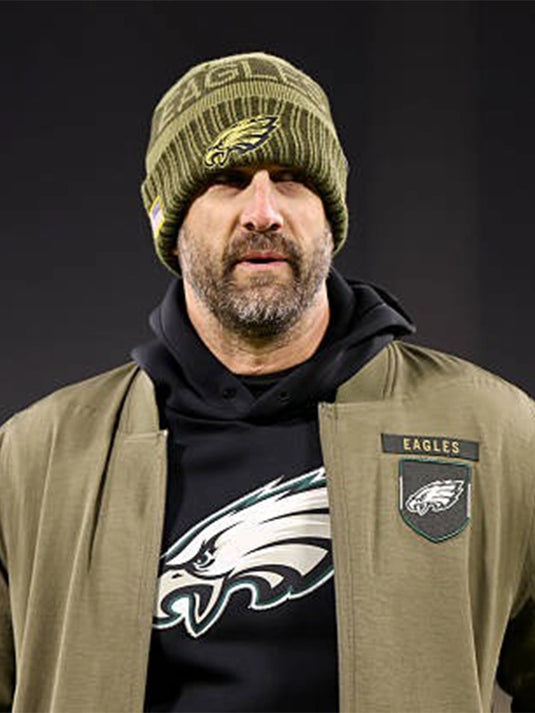 Philadelphia Eagles 2025 Nick Sirianni olive cotton bomber jacket with full-zip design and subtle team accents.