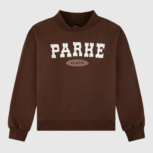 Brown Parke Austin fleece sweatshirt featuring a mockneck design and subtle signature logo.