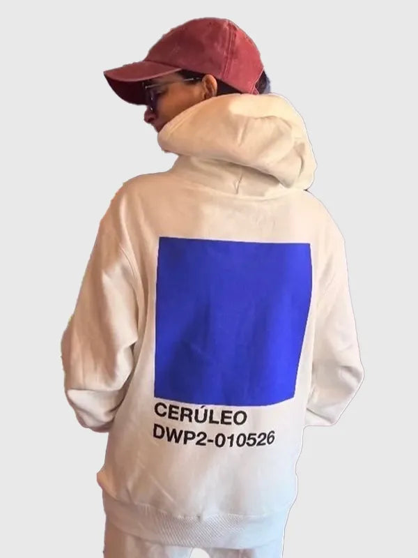 Devil Wears Prada 2 cerulean blue pullover hoodie recreated in beige with comfortable build and subtle statement detailing