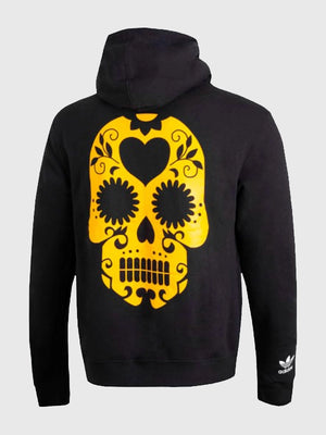 Black RECREATED Adidas Day of the Dead pullover hoodie featuring an expressive graphic design
