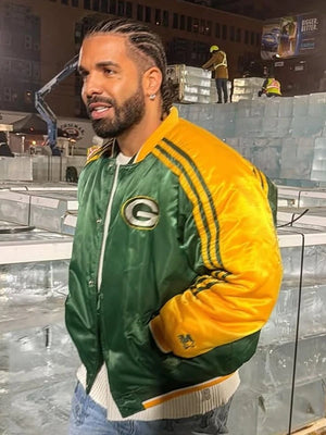 Green Bay Packers Satin Bomber Jacket by Starter featuring sleek finish, relaxed fit, and vintage varsity jacket aesthetic

