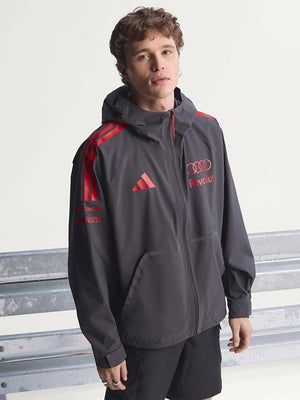 Recreated Audi Revolut F1 Team hooded rain jacket in black with durable water-resistant fabric and modern motorsport styling