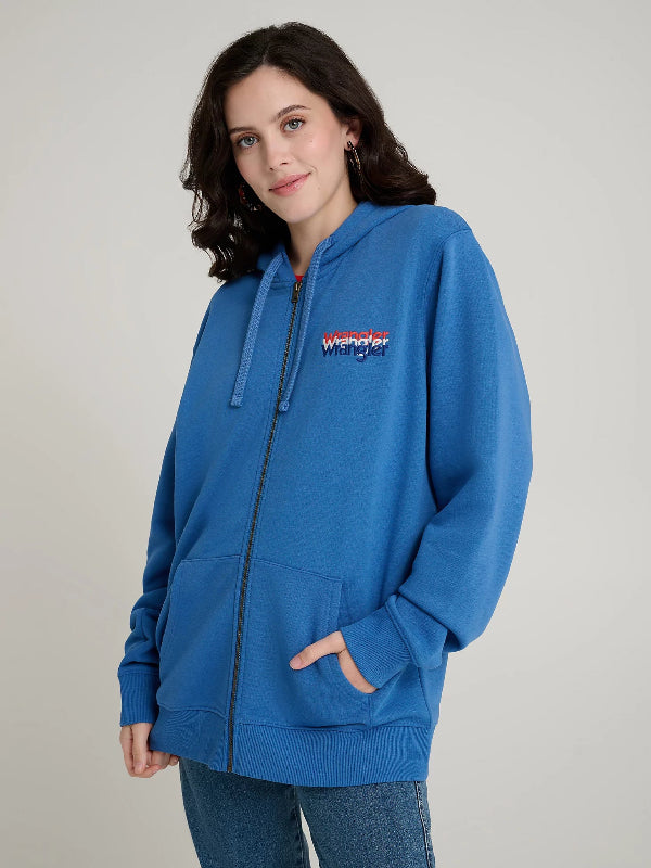 Blue fleece zip-up hoodie recreated from Wrangler and Stranger Things season 5, styled after Eleven’s look