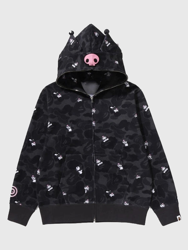 Recreated A Bathing Ape Kuromi 2026 camo full zip fleece hoodie in black with allover camouflage pattern and bold character detailing
