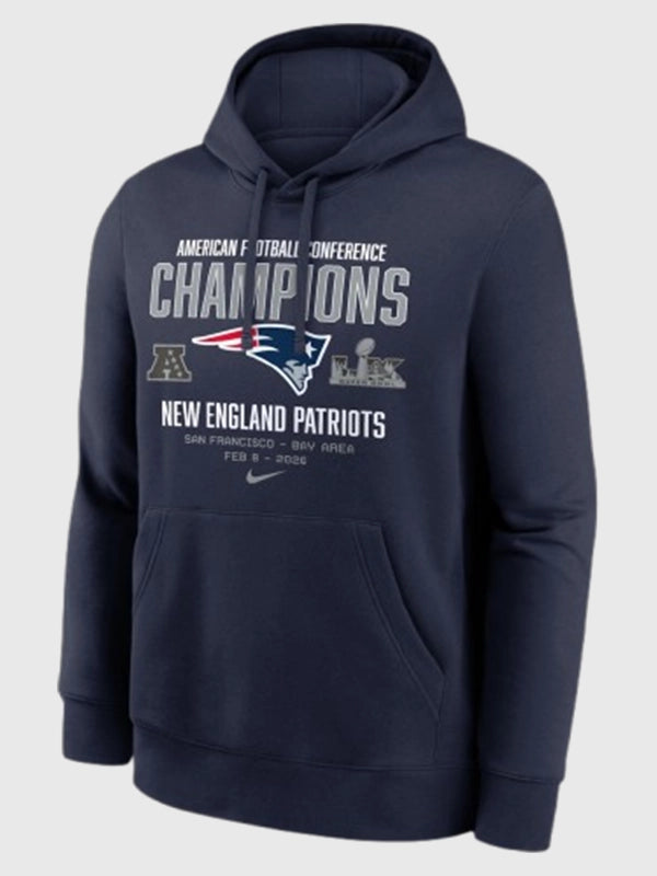 Recreated Nike Patriots AFC Champions 2025 Team Nation pullover hoodie in navy for everyday fan wear