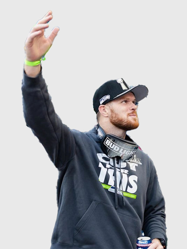 Recreated Super Bowl LX Sam Darnold Seahawks grey pullover hoodie with front pouch pocket and commemorative graphics