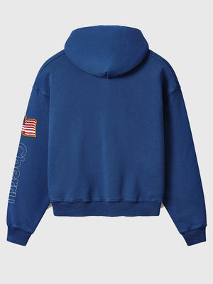 Cherry x Wrangler–inspired Los Angeles pullover hoodie in blue with bold America’s Favorite design