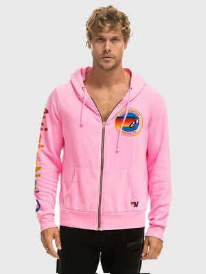 Recreated unisex Aviator Nation 2026 Austin full-zip fleece hoodie in pink with soft brushed lining and relaxed fit