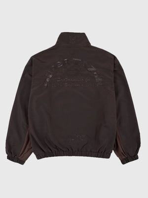 Recreated Super Tazón LX Bad Bunny brown full-zip track jacket with detailed front and back embroidery for game-day streetwear