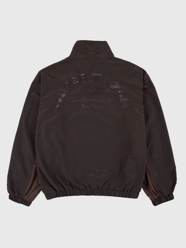 Recreated Super Tazón LX Bad Bunny brown full-zip track jacket with detailed front and back embroidery for game-day streetwear