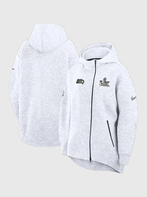 Recreated Seattle Seahawks Super Bowl LX Opening Night 2026 Tech Fleece hoodie in grey with full-length zip for versatile layering on cool days.