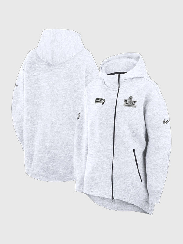 Recreated Seattle Seahawks Super Bowl LX Opening Night 2026 Tech Fleece hoodie in grey with full-length zip for versatile layering on cool days.