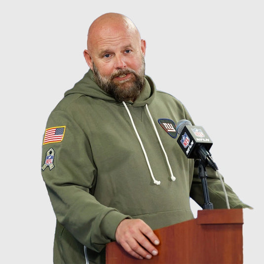 Giants 2025 Salute to Service olive green hoodie reflecting Coach Brian Daboll’s sideline look and clean design.