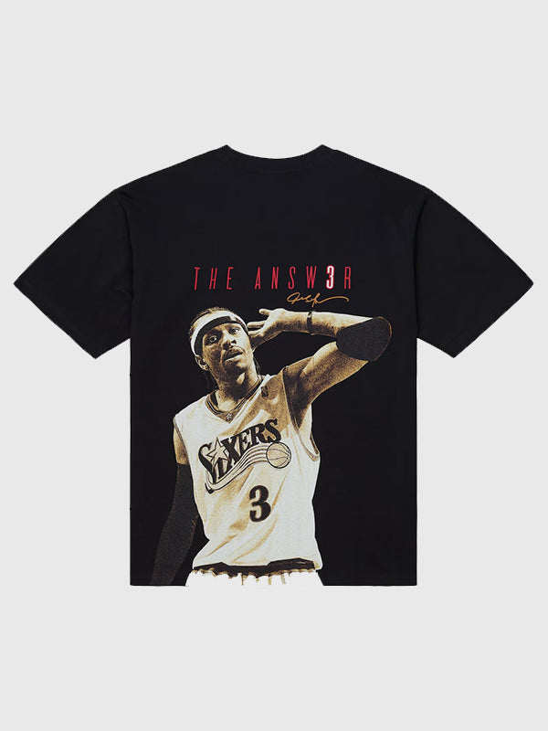 Recreated Allen Iverson The Answer Philadelphia 76ers black t-shirt with classic team-inspired graphic styling
