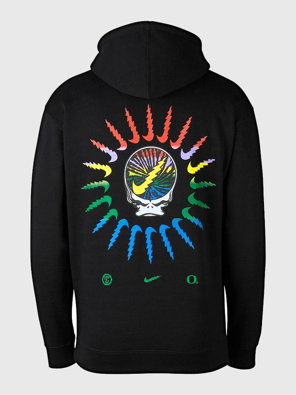 Black Nike Oregon Ducks Grateful Ducks hoodie featuring colorful rainbow spiral print and classic pullover silhouette