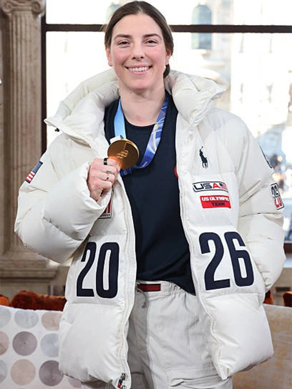 Recreated Milano Cortina 2026 Team USA flagbearer jacket in off-white offering quilted insulation and modern athletic styling
