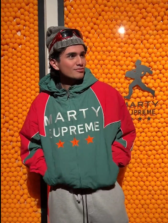 Recreated Marty Supreme Mexico 2025 full zip hooded jacket in pink and green with bold color-block design