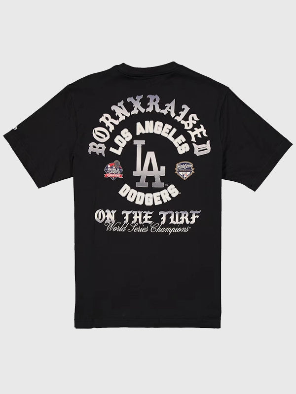 Black Dodgers New Era Born x Raised Back-to-Back Champions On The Turf T-Shirt crafted from breathable cotton with a clean casual silhouette