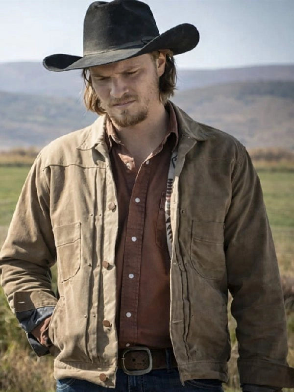 Recreated Luke Grimes Marshals 2026 TV Series Kayce Dutton brown cotton jacket featuring a classic shirt-style collar and button-front closure