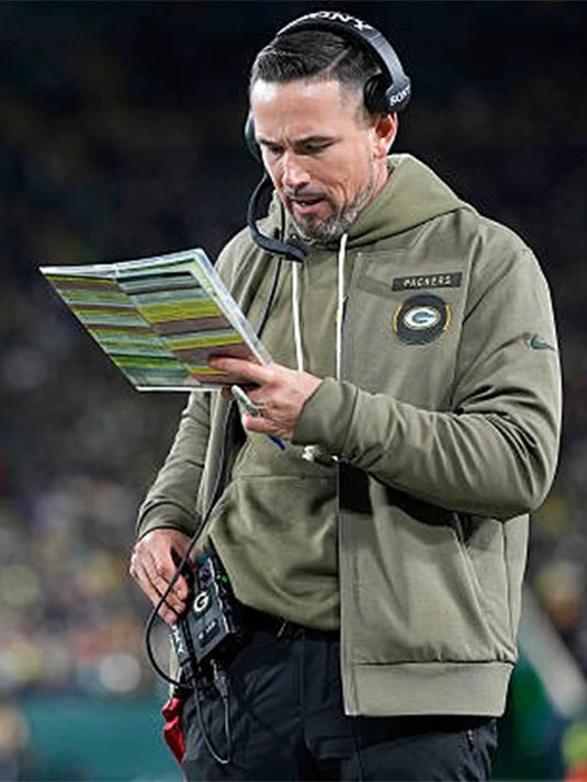 Green Bay Packers 2025 Salute to Service olive green bomber jacket inspired by Coach Matt LaFleur’s sideline style.