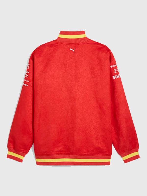 RECREATED Ferrari Team Motorsport Red Varsity Jacket offering a strong athletic look with modern racing-inspired appeal