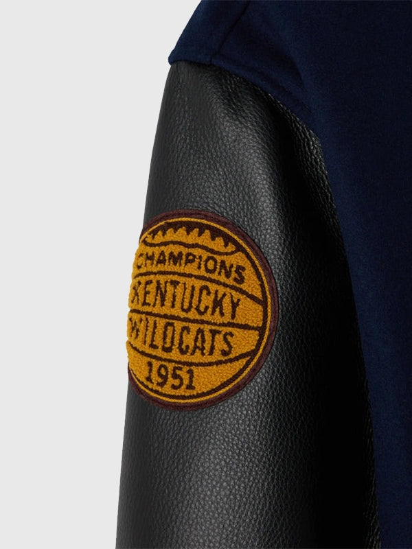 RECREATED Kentucky Wildcats 1951 October’s Very Own Navy Wool Varsity Jacket offering cozy wool warmth with a classic collegiate outerwear look