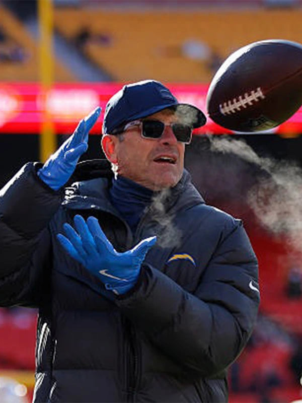 Jim Harbaugh Chargers 2025 black puffer jacket by Nike featuring lightweight parachute fabric