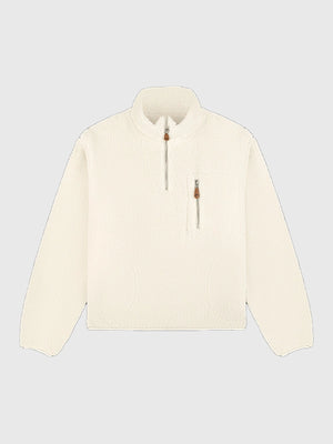 Neutral off-white Parke 2026 quarter zip fleece sweatshirt with minimalist design and cozy street-ready vibe