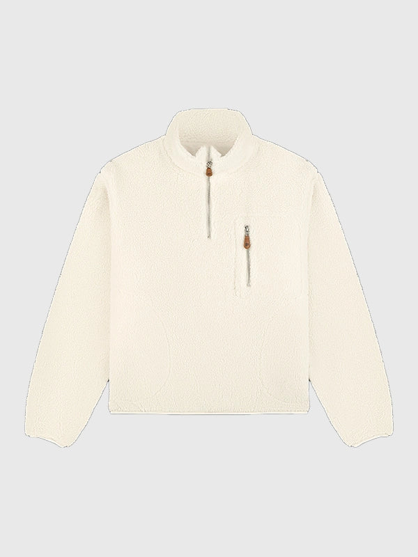 Neutral off-white Parke 2026 quarter zip fleece sweatshirt with minimalist design and cozy street-ready vibe