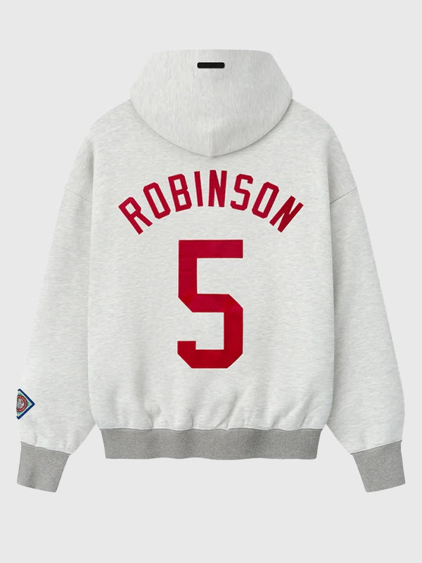 Grey Essentials Fear of God Jackie Robinson x NLBM Sport Pullover Hoodie designed in a relaxed fit with ribbed cuffs and hem