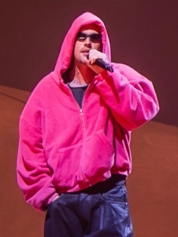Recreated Coachella 2026 Justin Bieber pink zip up fur hoodie with plush texture and bold statement design