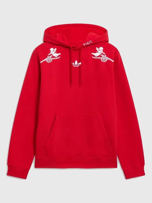 RECREATED Arsenal F.C. Adidas x Places+Faces 2025/26 Pullover Fleece Hoodie in Red featuring soft fleece fabric with a bold sporty streetwear silhouette