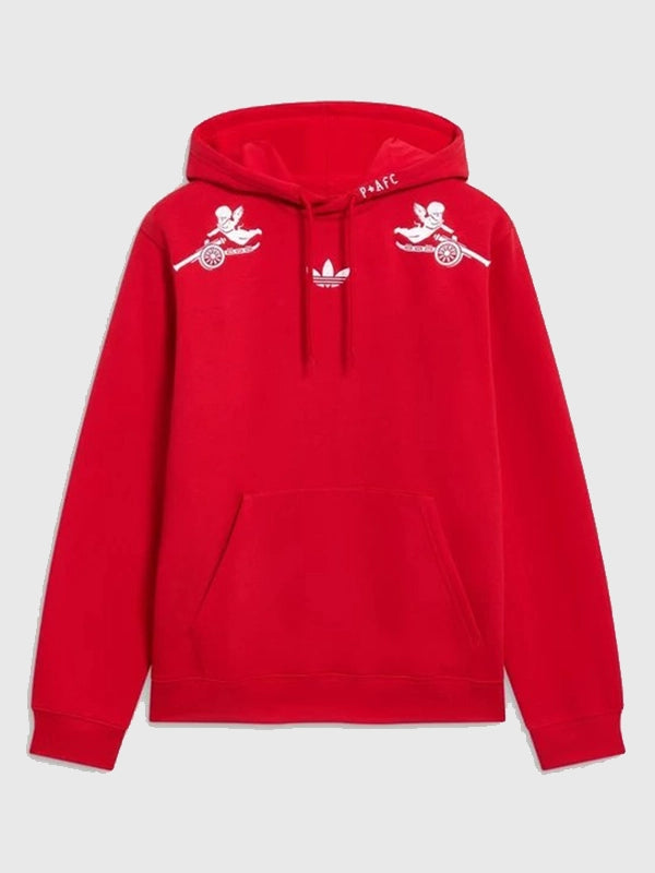 RECREATED Arsenal F.C. Adidas x Places+Faces 2025/26 Pullover Fleece Hoodie in Red featuring soft fleece fabric with a bold sporty streetwear silhouette