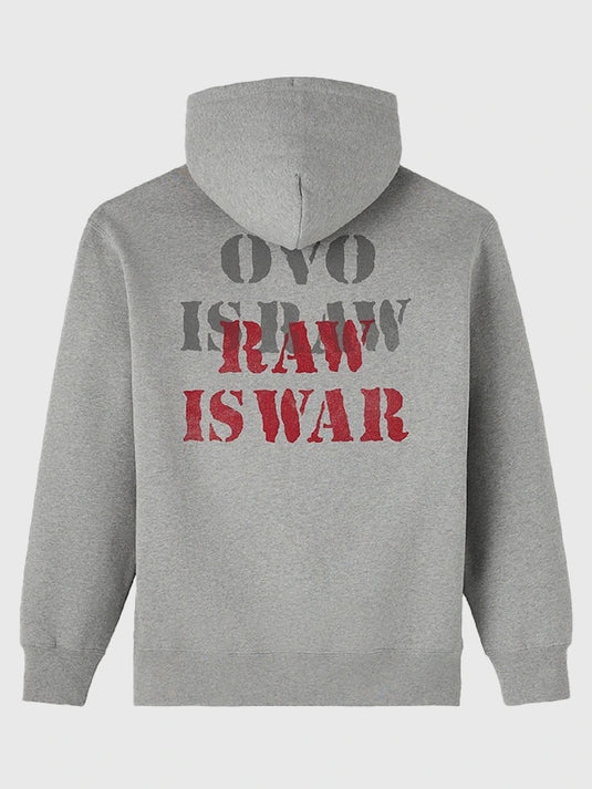 Recreated RAW is WAR 2025 pullover hoodie in grey reflecting OVO and WWE streetwear influence