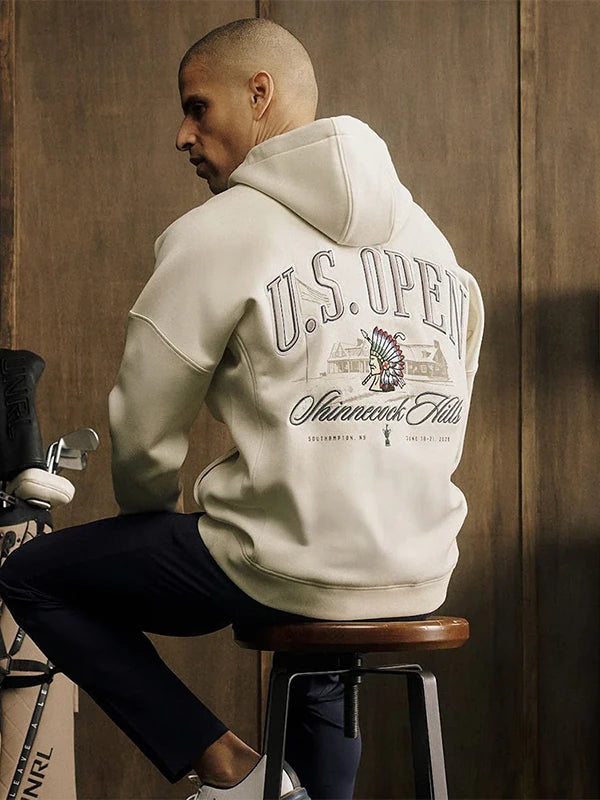 Recreated UNRL 126th U.S. Open 2026 fleece pullover hoodie in white with clean event-inspired design and soft interior