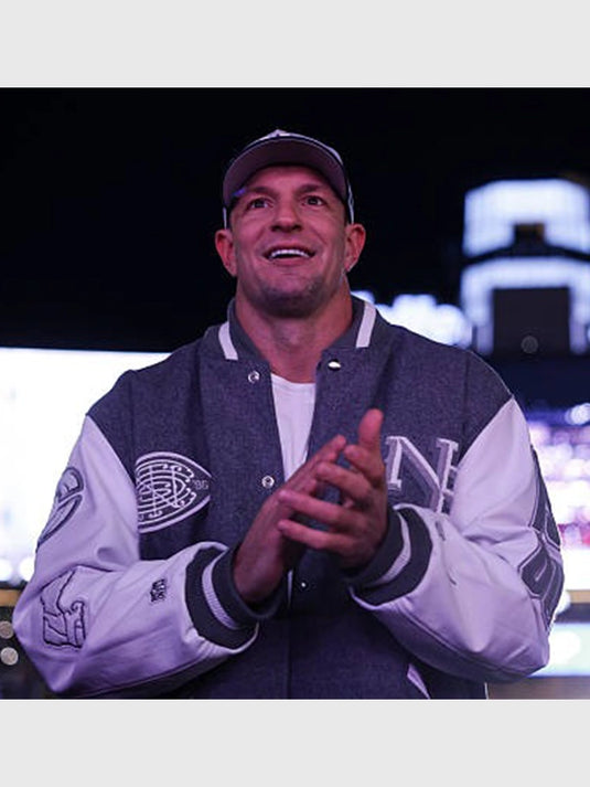 Patriots 2025 Rivalries jacket by CNCPTS and Nike with a wool varsity build inspired by Gronkowski’s game outfit.