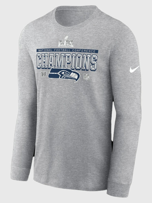 Heather grey long sleeve t-shirt celebrating Seattle Seahawks 2025 NFC Champions locker room victory by Nike