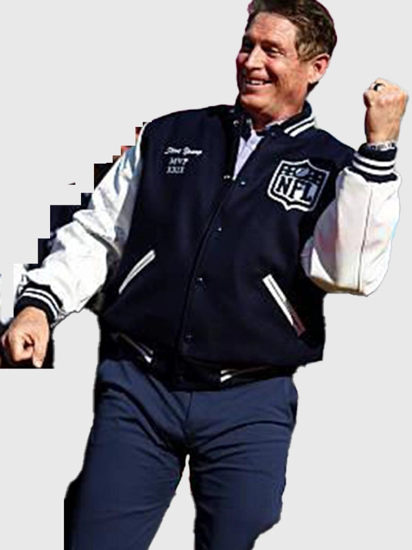 Navy and white Super Bowl LX MVP wool varsity jacket with durable build and timeless varsity vibe