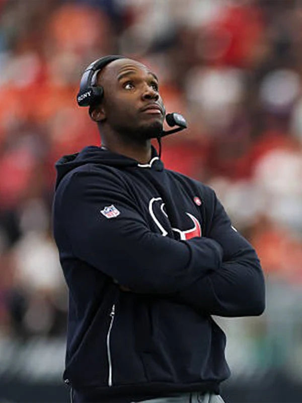 Recreated Houston Texans coach-style black hoodie in fleece inspired by DeMeco Ryans sideline look Houston Texans